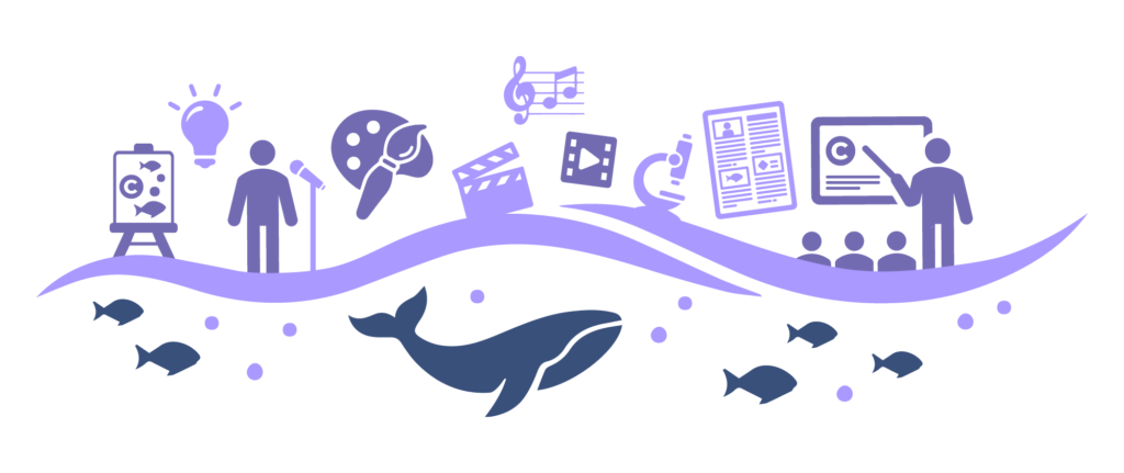 An illustration made out of many icons in shades of lilac and purple, showing icons representing various creative outlets for a science communication copetition 'OceanICU Youth Competition', some of the icons include: paint palette, notes, video, poster, person presenting, person singing, an easel stand, fish, a whale, etc.