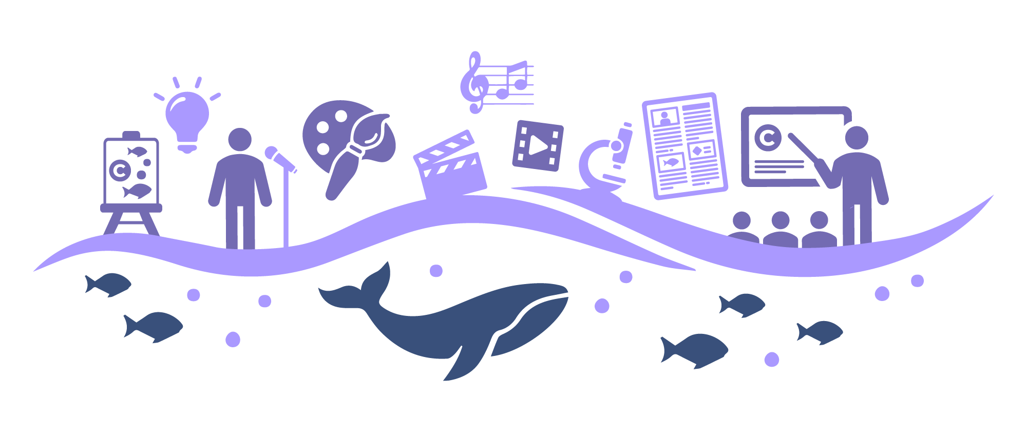 An illustration made out of many icons in shades of lilac and purple, showing icons representing various creative outlets for a science communication copetition 'OceanICU Youth Competition', some of the icons include: paint palette, notes, video, poster, person presenting, person singing, an easel stand, fish, a whale, etc.