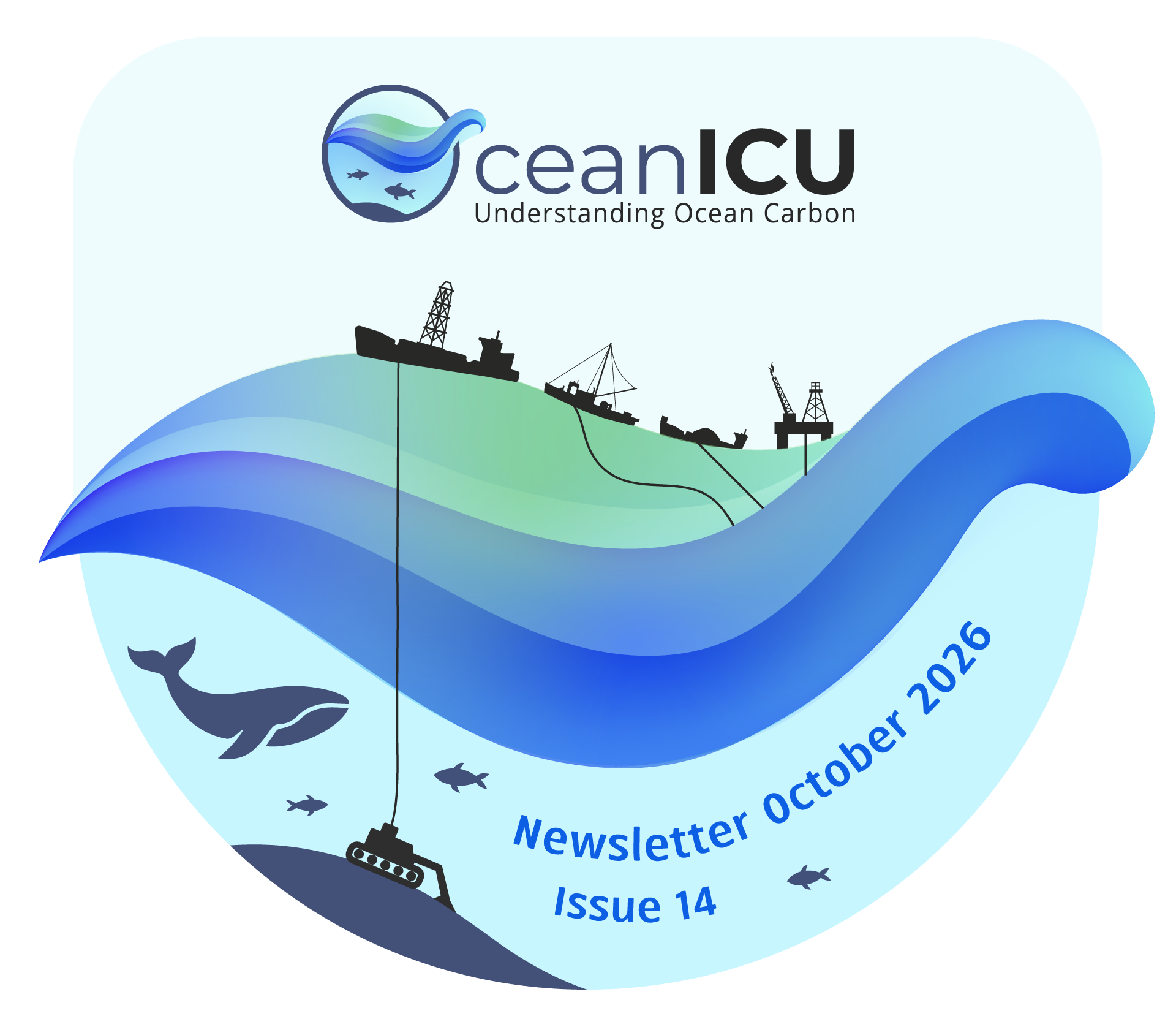 A newsletter header image with OceanICU logo at the top, a graphic wave element in the middle surrounded by small illustrations of boats, research vessels, fish and a whale. A vivid blue text rests at the bottom following the shape of the wave, it reads: 'Newsletter October 2026, Issue 14'